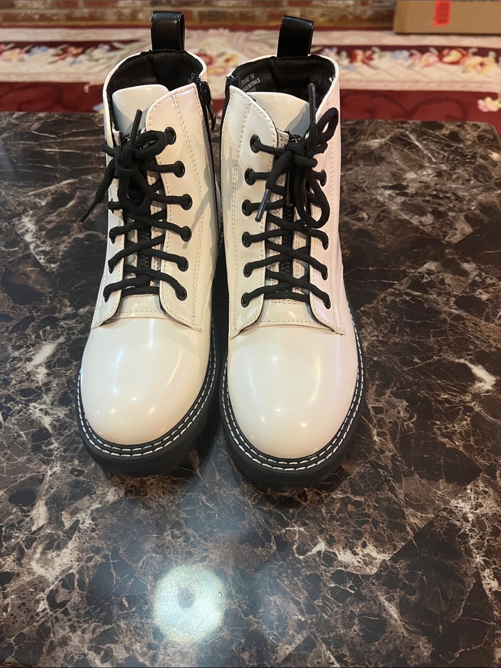 Patent Lace-Up Combat Boots for Women in White with Black Accents